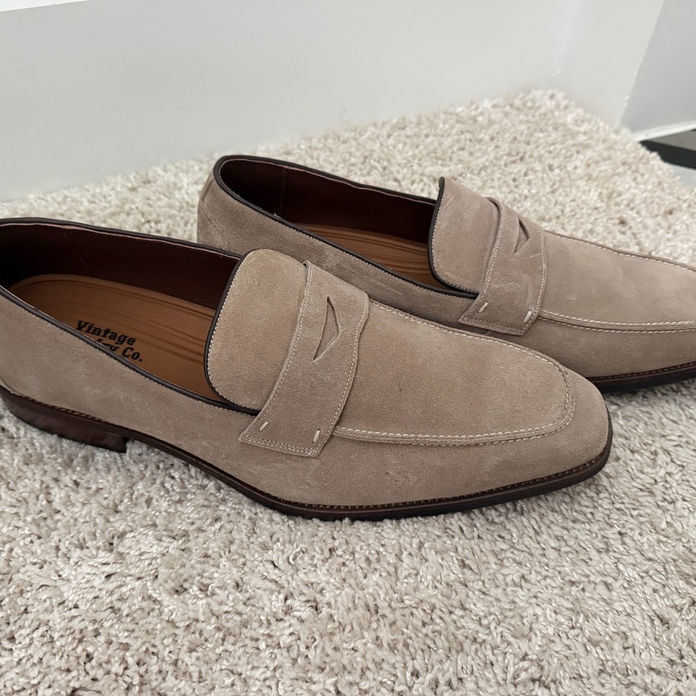 Vintage Suede Penny Loafers in Taupe Beige